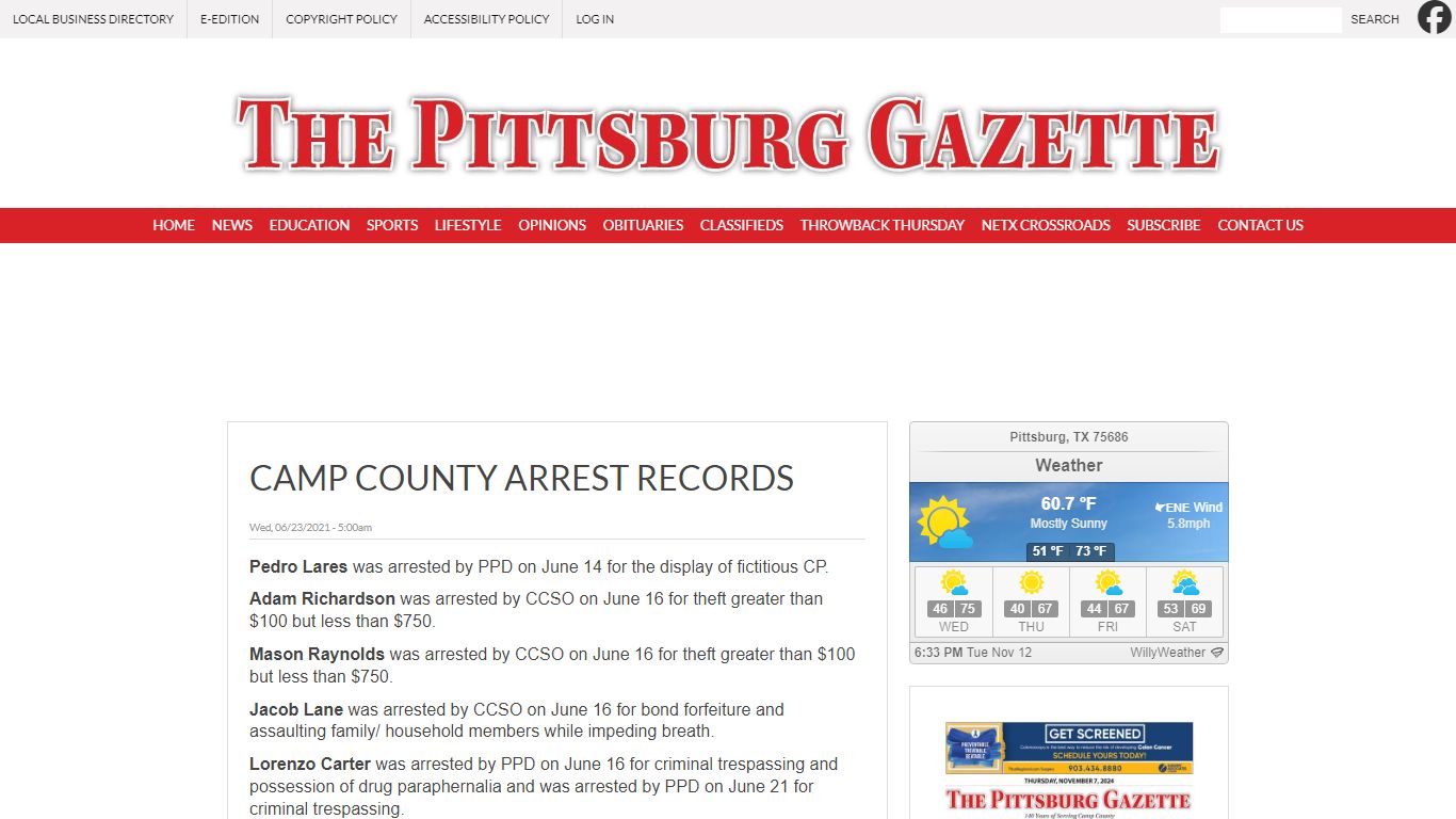 CAMP COUNTY ARREST RECORDS | Pittsburg Gazette